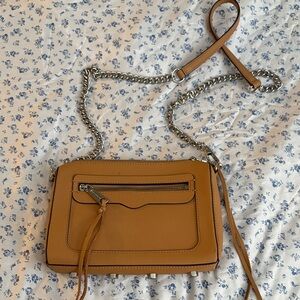 Rebecca Minkoff Avery Camel Tan Leather Crossbody Bag Silver Chain Link